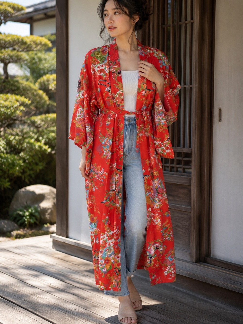 Vibrant Made in Japan Red Floral Traditional Kimono Robe Belted  FestivalBoho